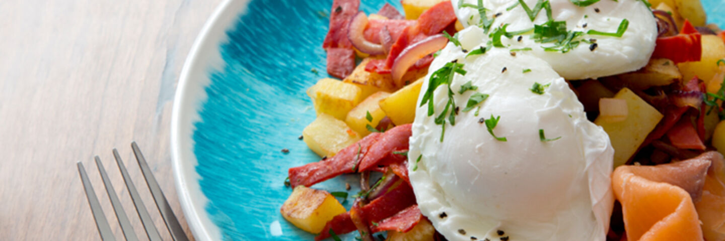 Chorizo hash poached egg smoked salmon recipe
