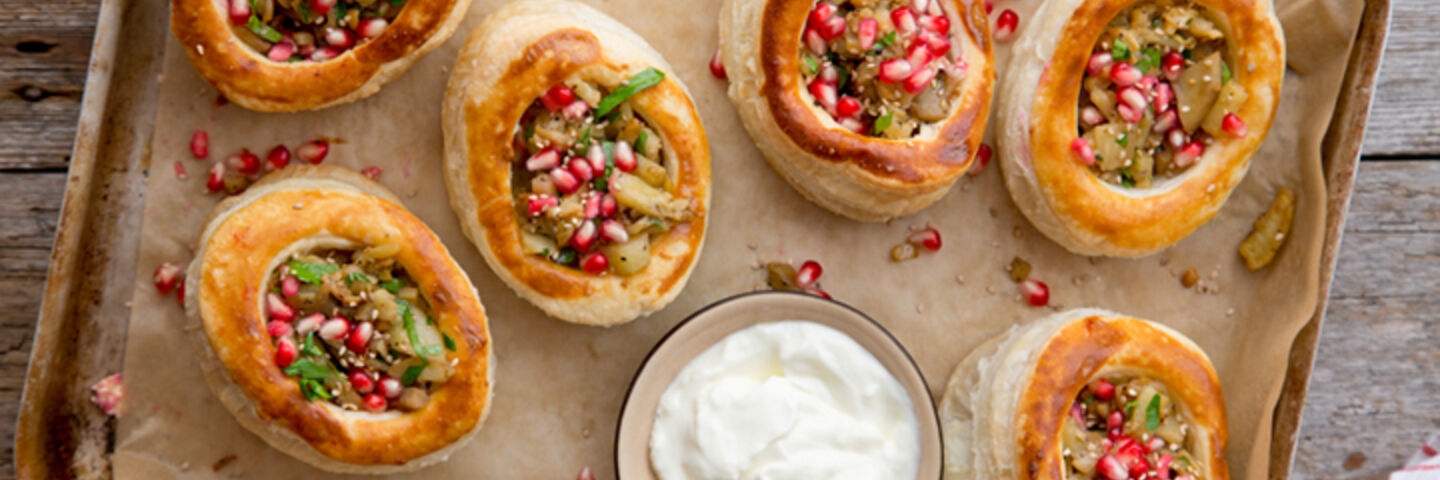 Smoked aubergine yogurt vol au vents recipe