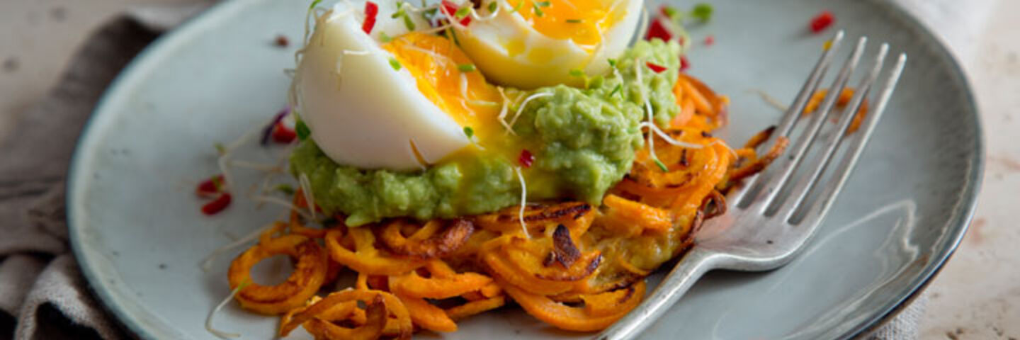 Spiralised Sweet Potato Rosti With Avocado, Lime And Chilli
