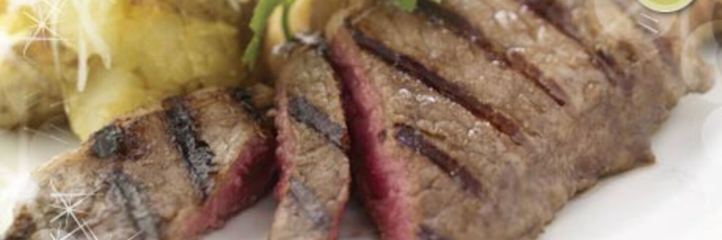 Balsamic Steak with Crushed Baby Potatoes and Roasted Root Vegetables