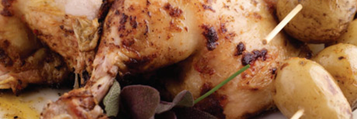 Barbecue Whole Chicken with Chilli and Ginger and Baby Potato Skewers