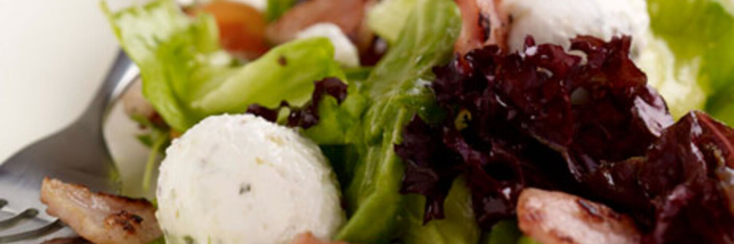 Warm Salad of Goats Cheese and Crispy Bacon, Wholegrain Mustard Dressing