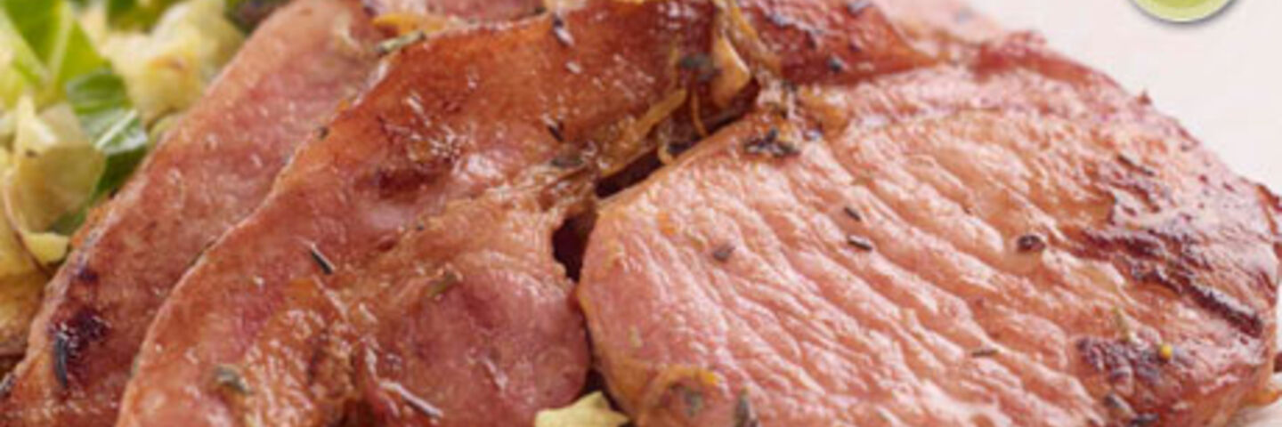 Marinated Bacon Chops with Cabbage Stir Fry and Roasted Baby Potatoes