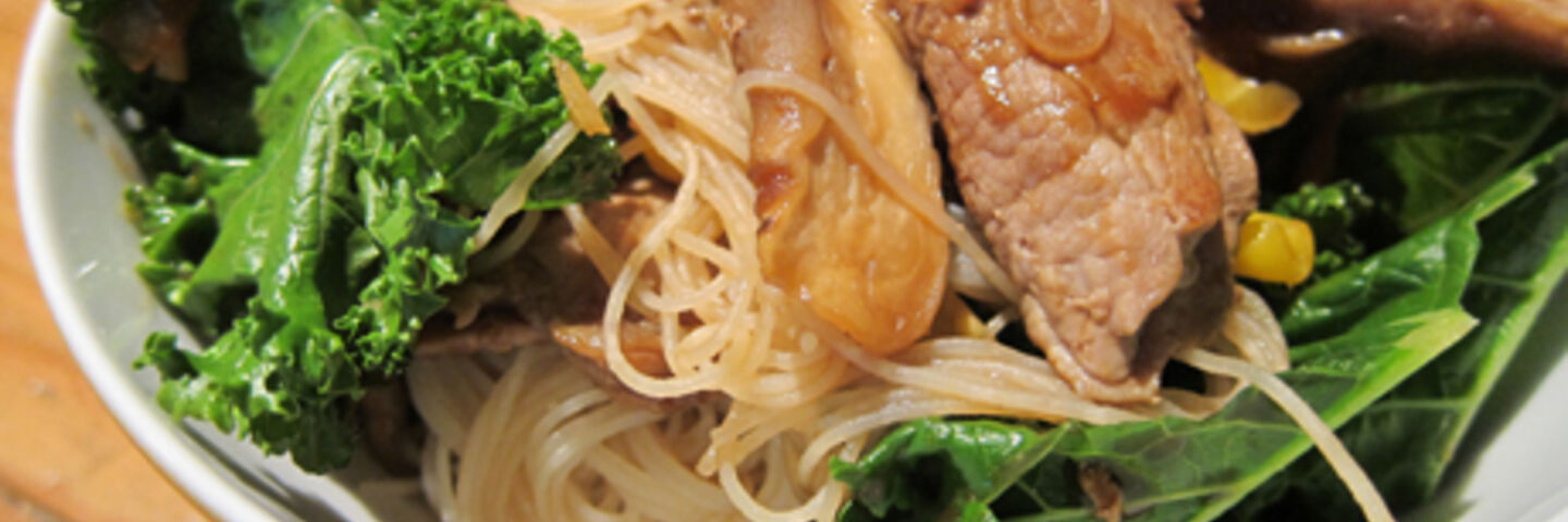 Stir Fry Pork with Mushrooms on Noodles