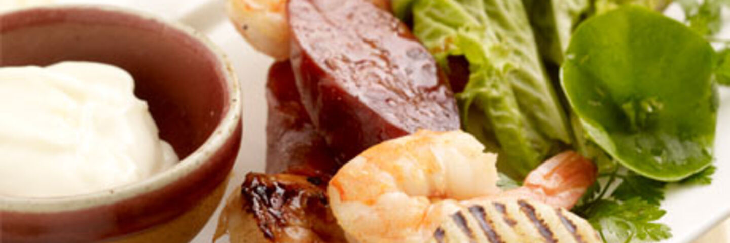 Baby Potato, Chorizo and Prawn Kebabs