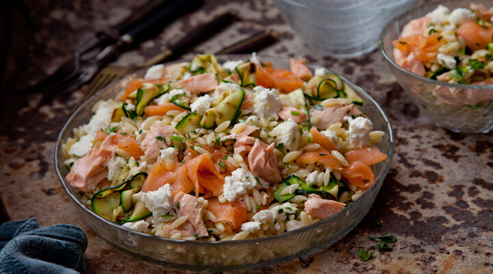 Courgette feta salmon pasta salad recipe
