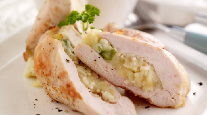 Chicken with Potato and Spring Onion Stuffing, Crispy Tomato and Potato Wedges