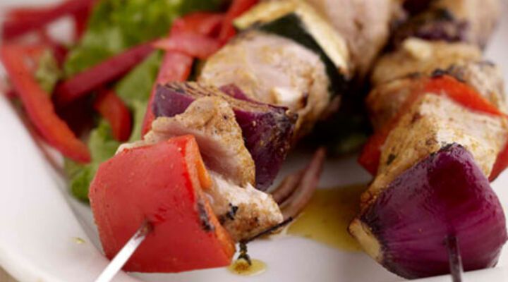Curried Pork and Vegetable Skewers with Warm Baby Potato Salad