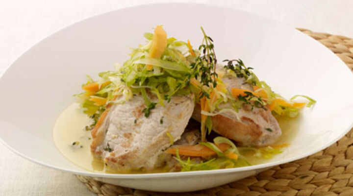Garlic Infused Pork Chops with Vegetable Broth and Baby Potatoes