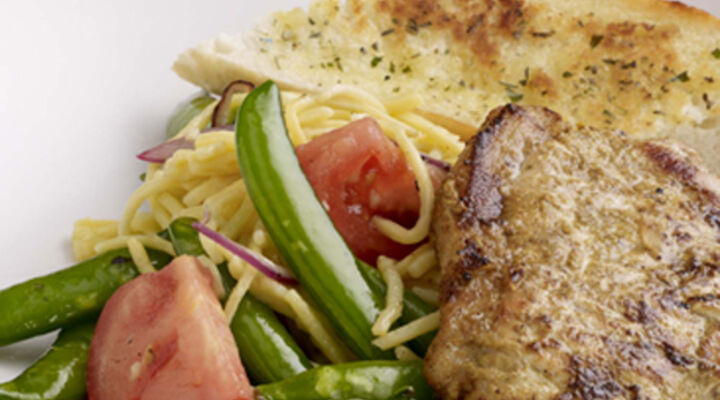 Barbecued Curried Pork Chops with Warm Noodle Salad