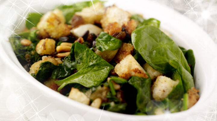 Sautéed Spinach with Sultanas, Pine Nuts & Breadcrumbs