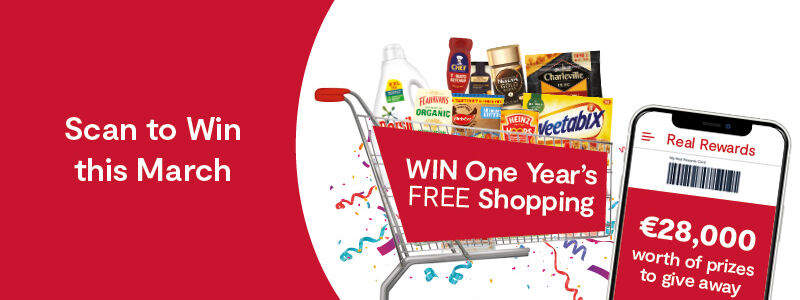 Scan to Win August One Year Free Shopping gift card • €100 SuperValu e-gift card for EVERY Store • A week's European River Cruise for 2