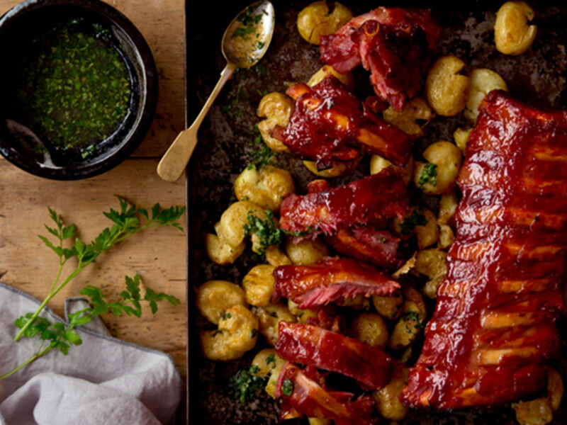 Bacon ribs smashed baby potatoes gremolata recipe