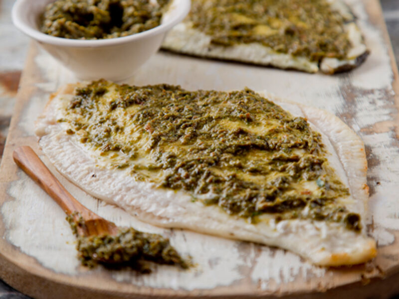 Baked fillets plaice rocket pesto recipe