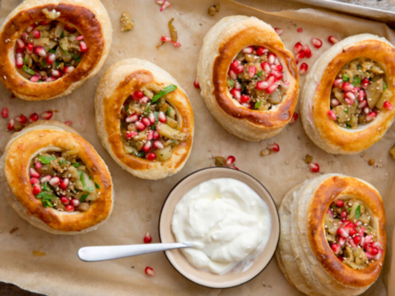 Smoked aubergine yogurt vol au vents recipe