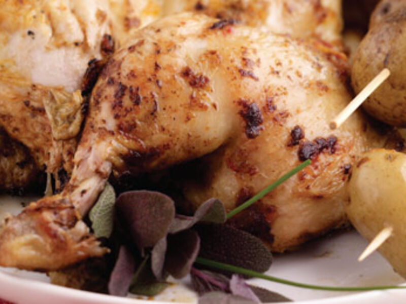 Barbecue Whole Chicken with Chilli and Ginger and Baby Potato Skewers