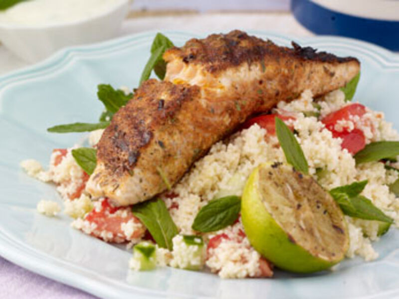 Blackened Salmon, Couscous, Lime dressing