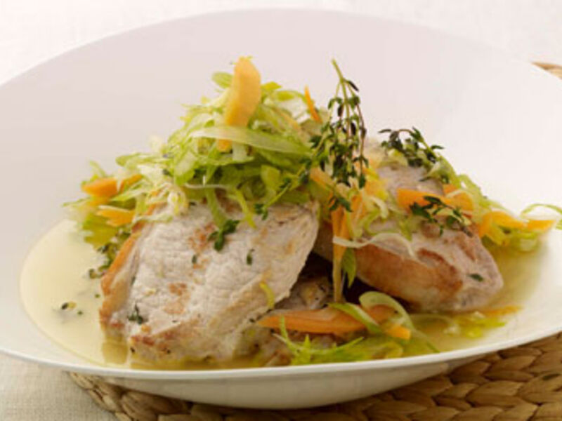Garlic Infused Pork Chops with Vegetable Broth and Baby Potatoes