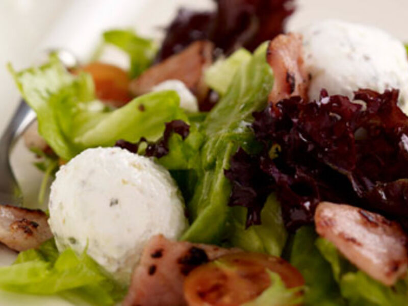 Warm Salad of Goats Cheese and Crispy Bacon, Wholegrain Mustard Dressing