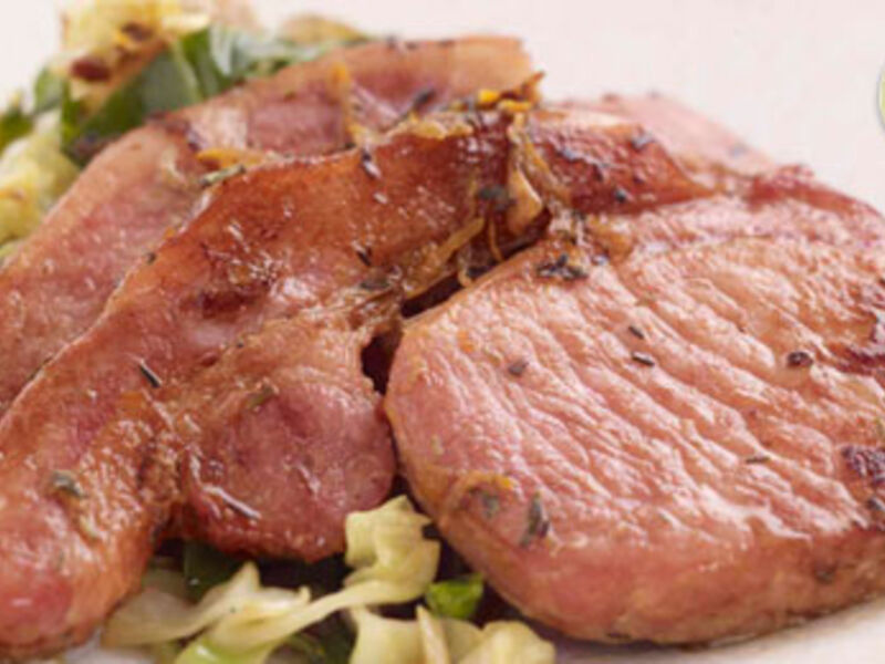 Marinated Bacon Chops with Cabbage Stir Fry and Roasted Baby Potatoes
