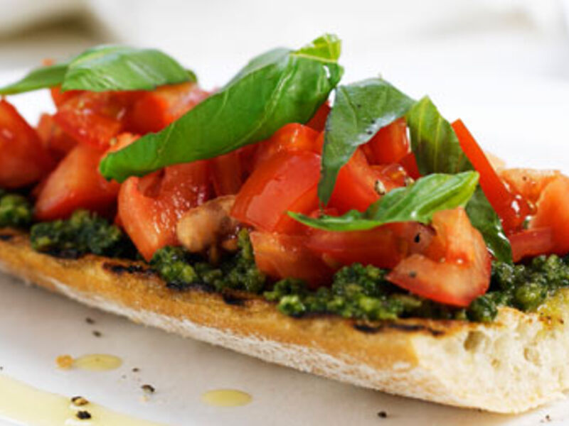 Pesto Infused Tomato Bruschetta