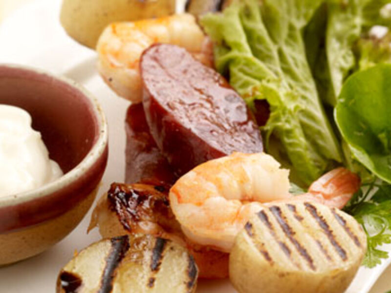 Baby Potato, Chorizo and Prawn Kebabs