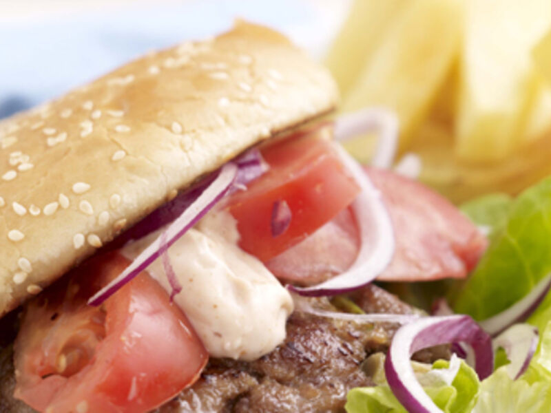Beef Burger in a Bun, Salad and Homemade Oven Chips