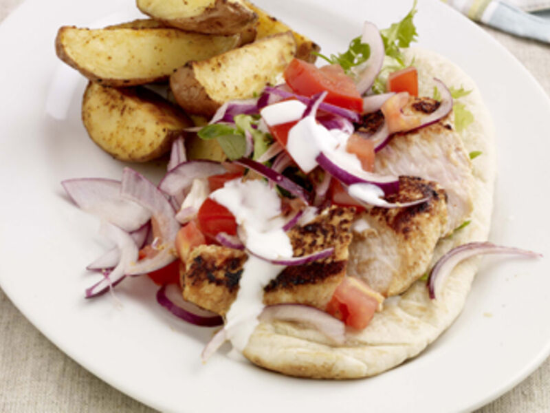 Chilli, Lime & Yogurt Marinated Chicken with Pitta Bread & Spicy Wedges