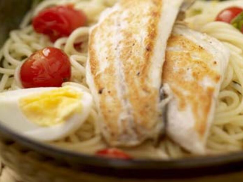 Oregano Scented Seabass with Cherry Tomato Spaghetti