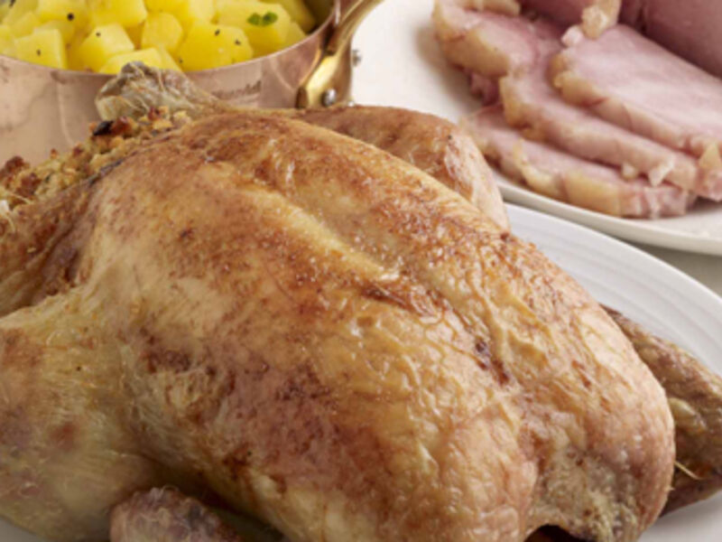 Roast Stuffed Chicken with Roasted Potatoes and Buttered Swede