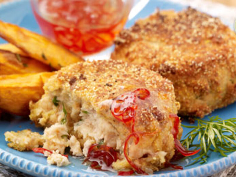 Salmon and Coriander Fishcake With Roasted Sweet Potatoes Wedges and Chilli Sauce
